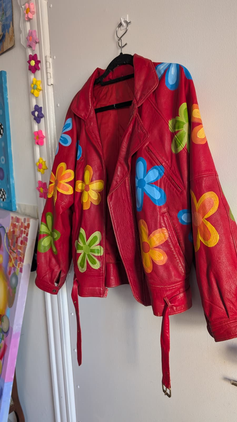 Hand Painted Flowers Red Leather Jacket