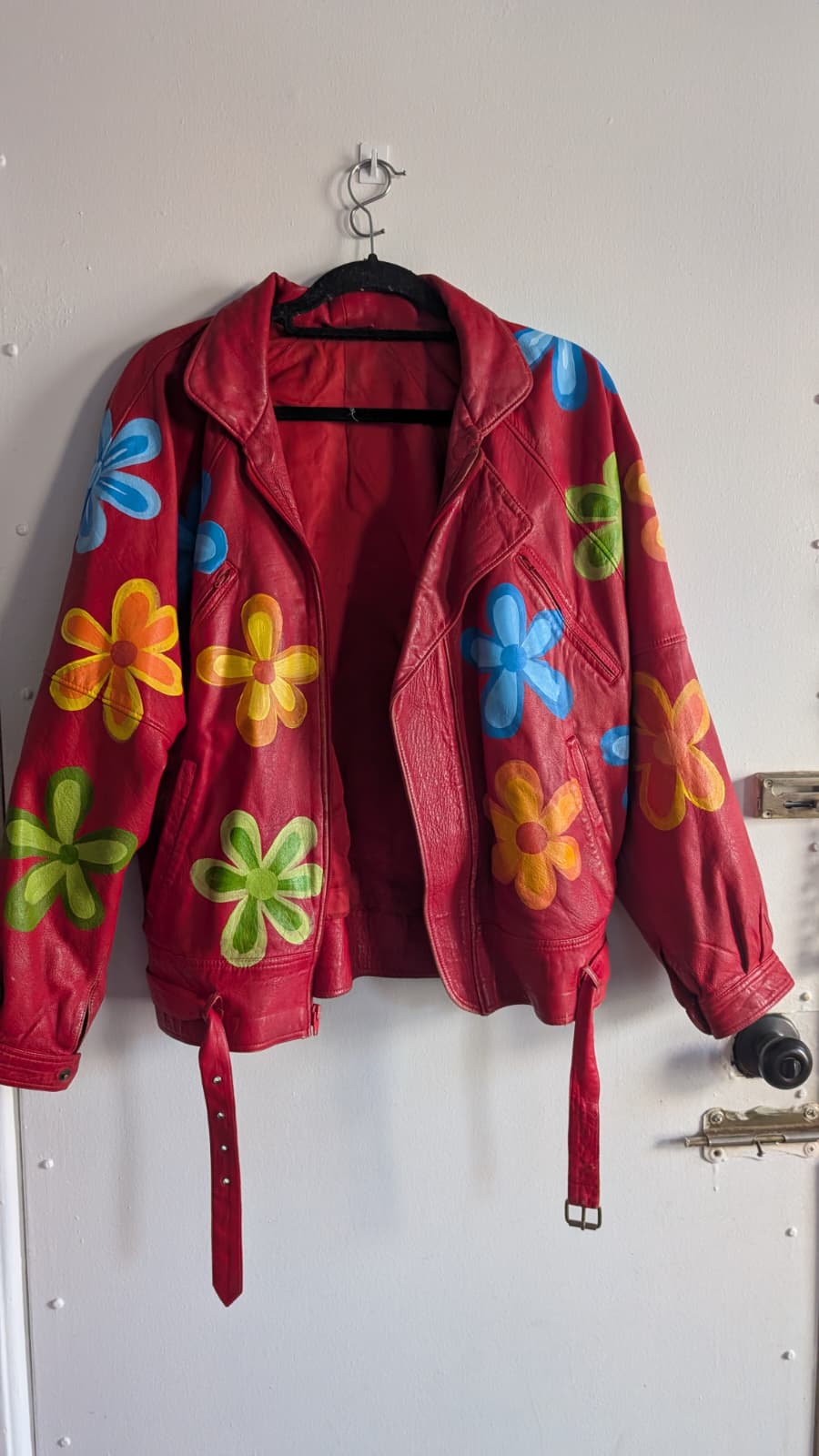 Hand Painted Flowers Red Leather Jacket
