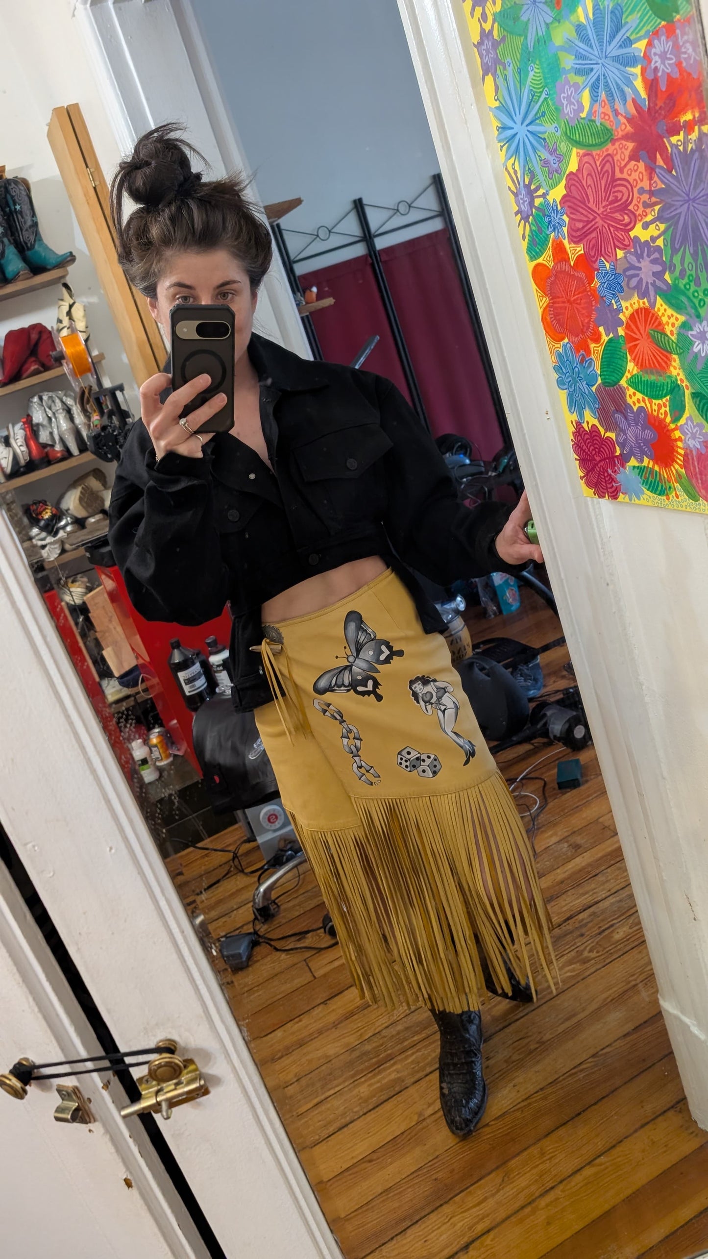 Yellow leather fringe skirt with black & white pinup art
