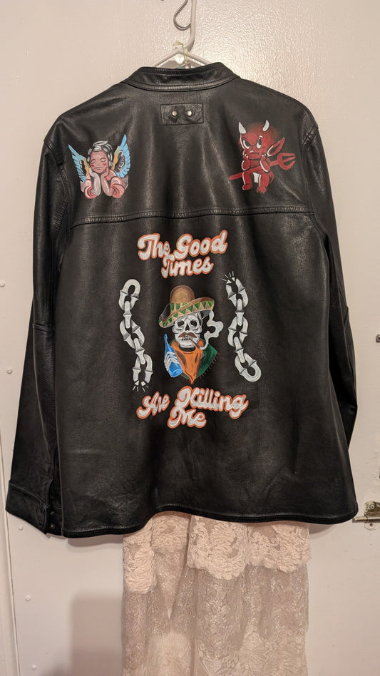 Hand-painted leather jacket with 'The Good Times Are Killing Me' text
