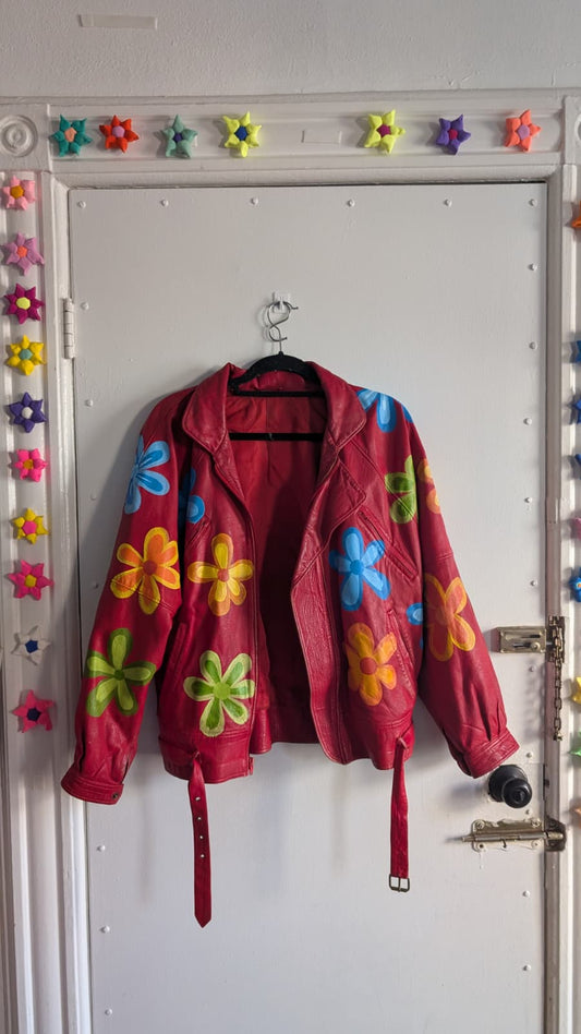 Hand Painted Flowers Red Leather Jacket