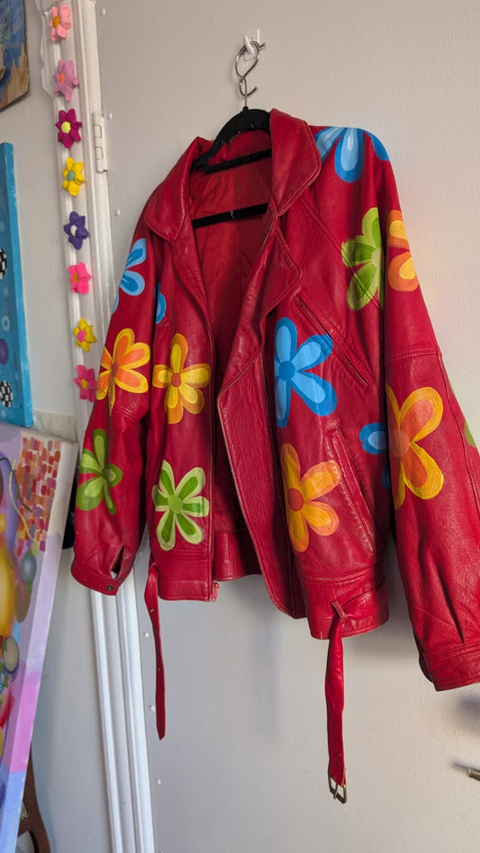 Hand Painted Flowers Red Leather Jacket