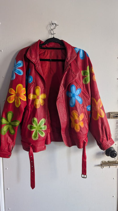 Hand Painted Flowers Red Leather Jacket