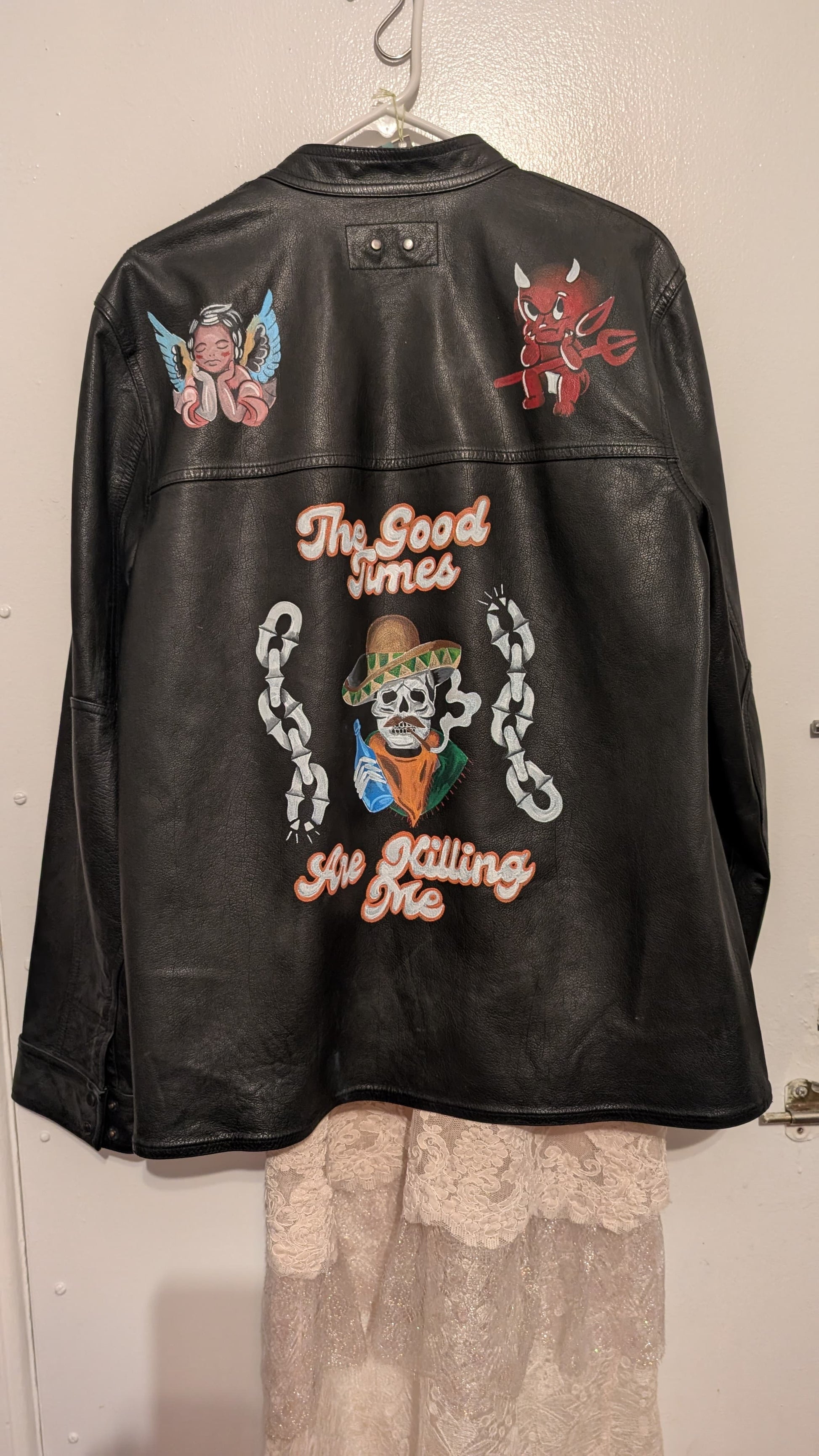 Hand-painted leather jacket with 'The Good Times Are Killing Me' text