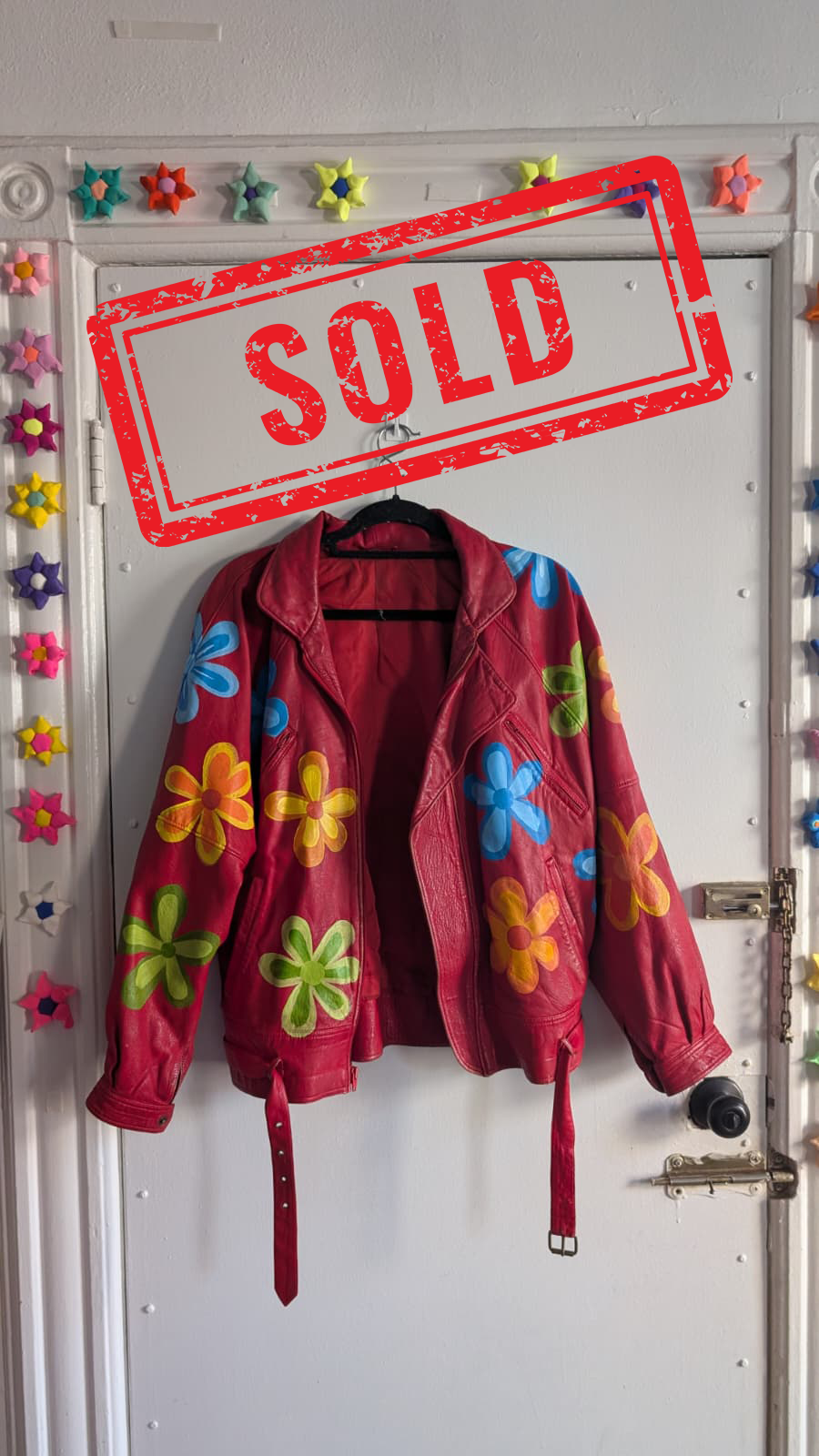 Hand Painted Flowers Red Leather Jacket