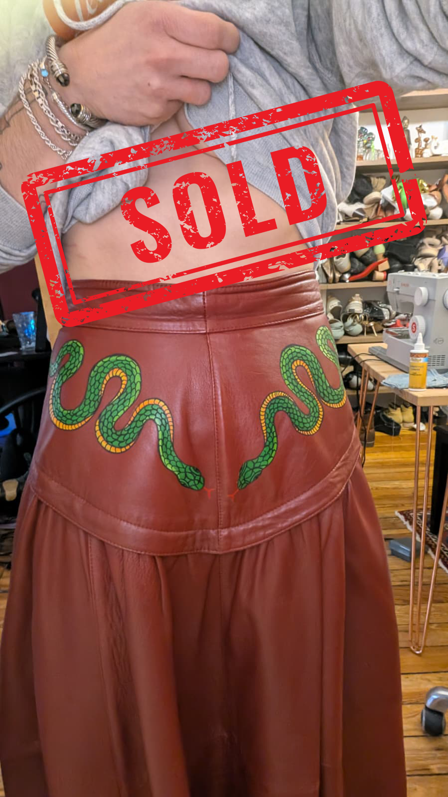 Hand Painted Vintage Leather Maxi Skirt - Size 4