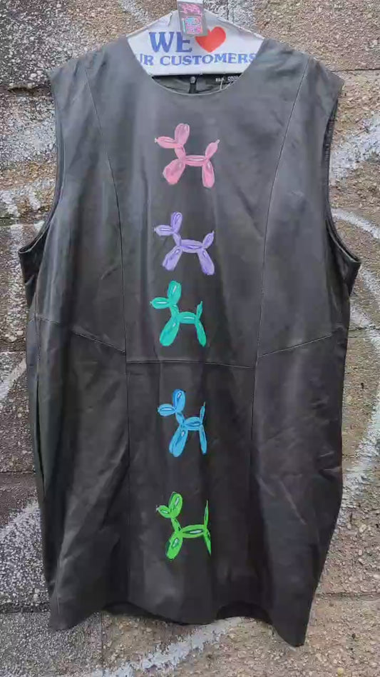 BLK Denim Real Leather Dress - Hand Painted with Jeff Koons Balloons - Small
